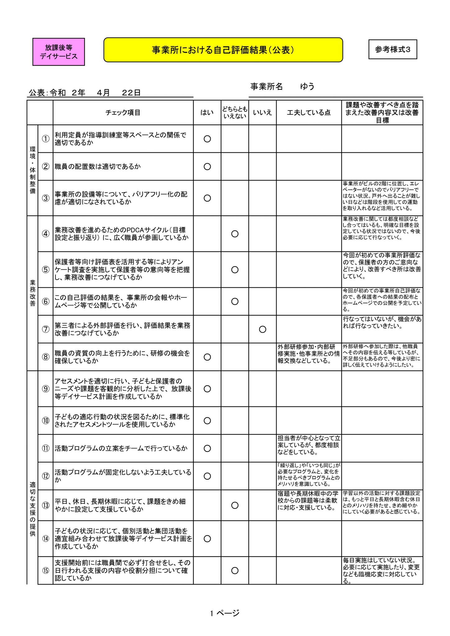 自己評価表（放課後等デイサービス） ゆう児童デイ/札幌市東区